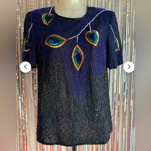 VINTAGE 80s NIGHT VOGUE PEACOCK FULLY LINED TOP SHORT SLEEVES BEADED AND PURPLE